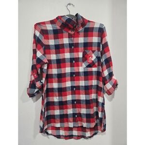 New Ladies Cleveland Guardians Plaid Long Sleeve Button Up Shirt Size Medium